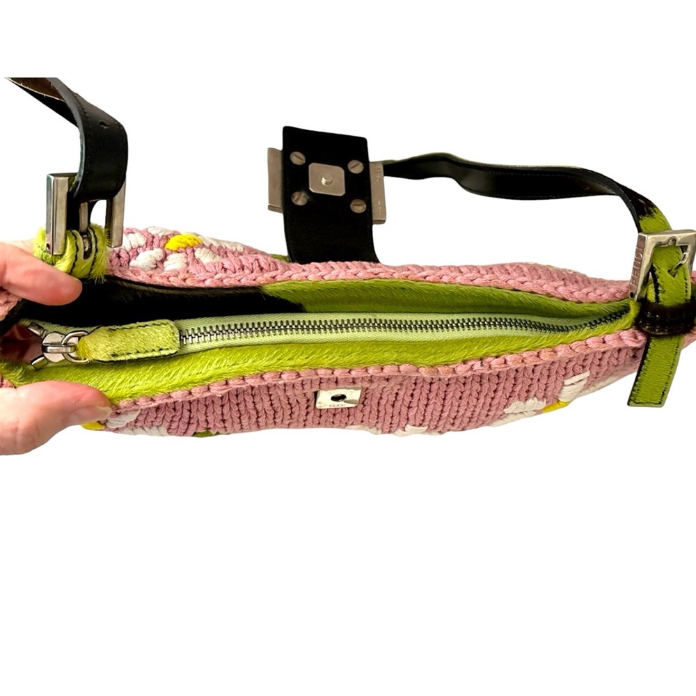 FENDI VINTAGE RARE Y2K Pink Knit Floral Green Cow Print Pony Hair Trim Baguette - Picture 9 of 16